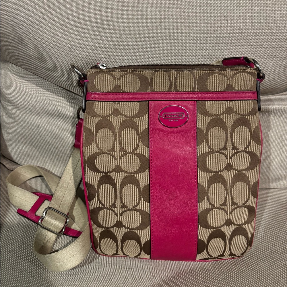 Coach Signature Crossbody Bag in Pink and Tan